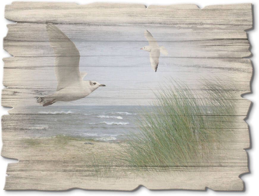 Artland Artprint op hout Noordzeestrand met meeuwen