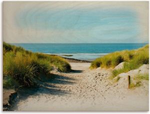 Artland Artprint op hout Strand met duinen en weg naar het water