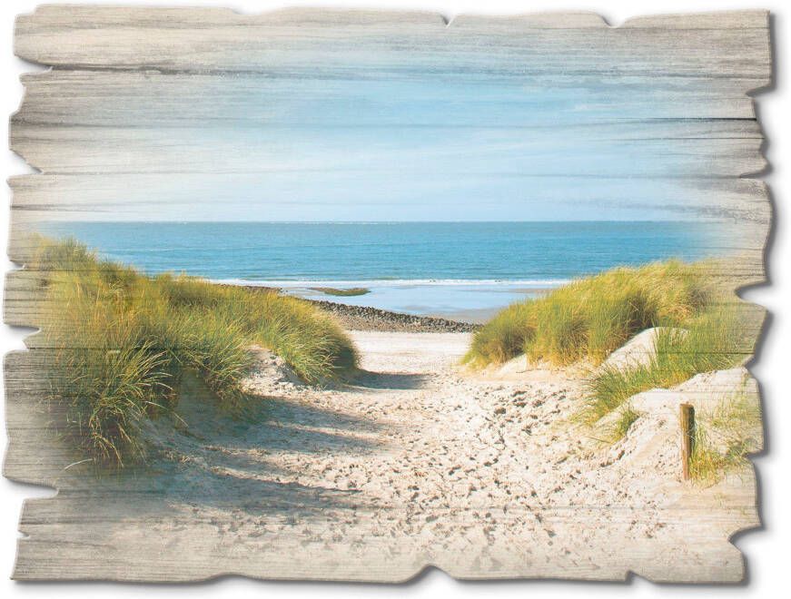 Artland Artprint op hout Strand met duinen en weg naar het water