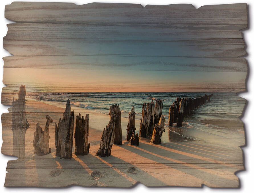 Artland Artprint op hout Zonsondergang strand golfbreker