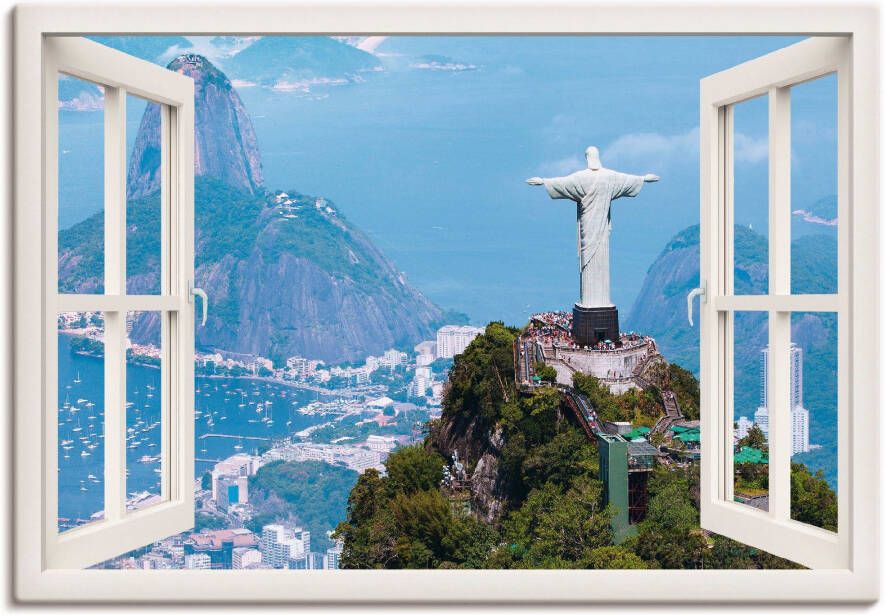 Artland Artprint op linnen Blik uit het venster Rio de Janeiro met Cristo