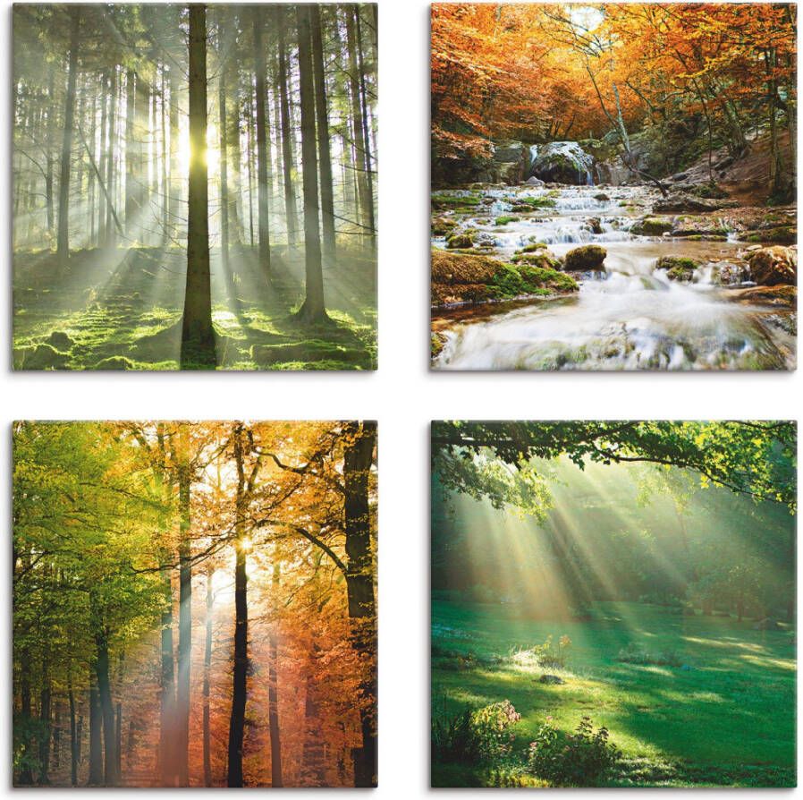 Artland Artprint op linnen Bos waterval herfstdag set van 4 verschillende maten (4-delig)