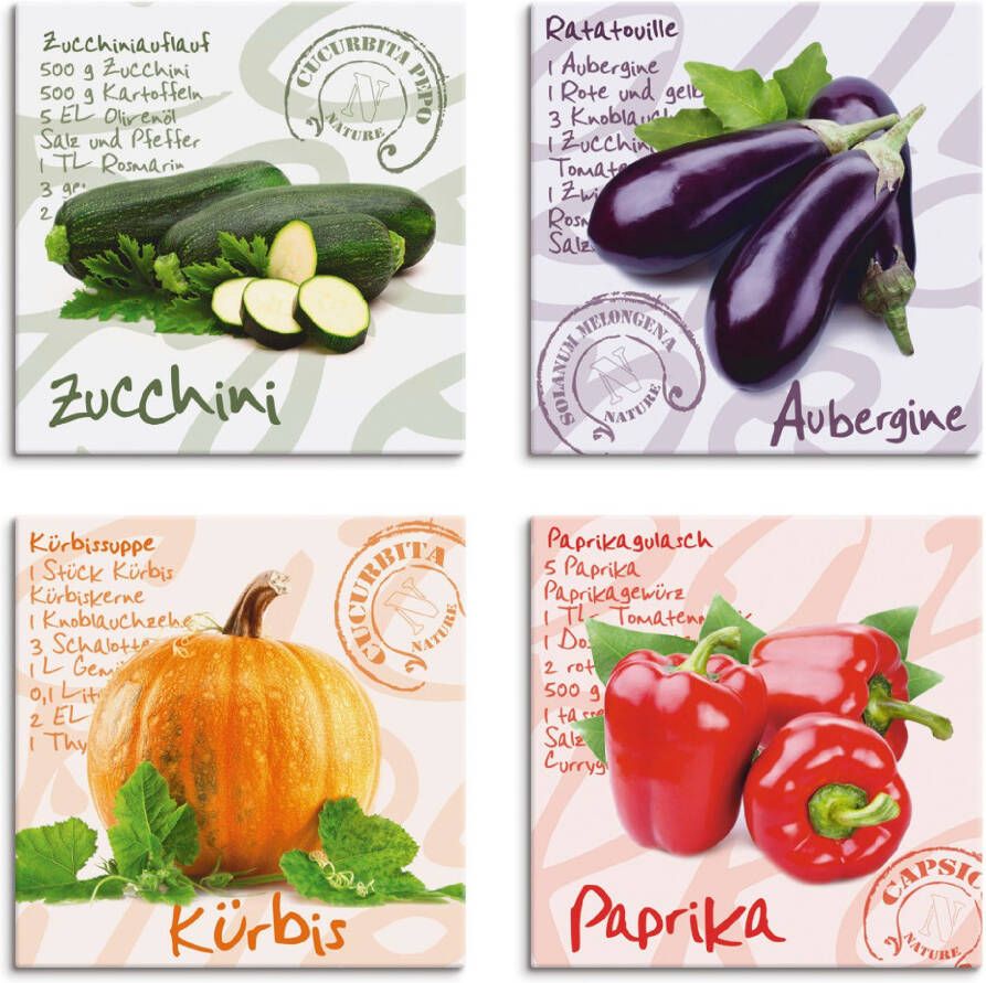 Artland Artprint op linnen Courgette aubergine pompoen paprika (4-delig)