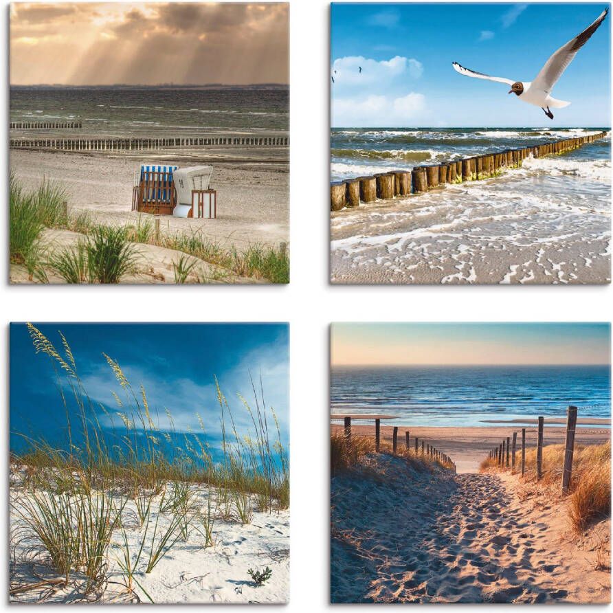 Artland Artprint op linnen Eenzaam strand Oostzee zandduinen grassen (4-delig)