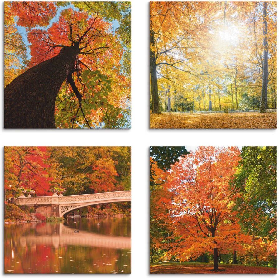 Artland Artprint op linnen Herfst bos panorama set van 4 verschillende maten (4-delig)