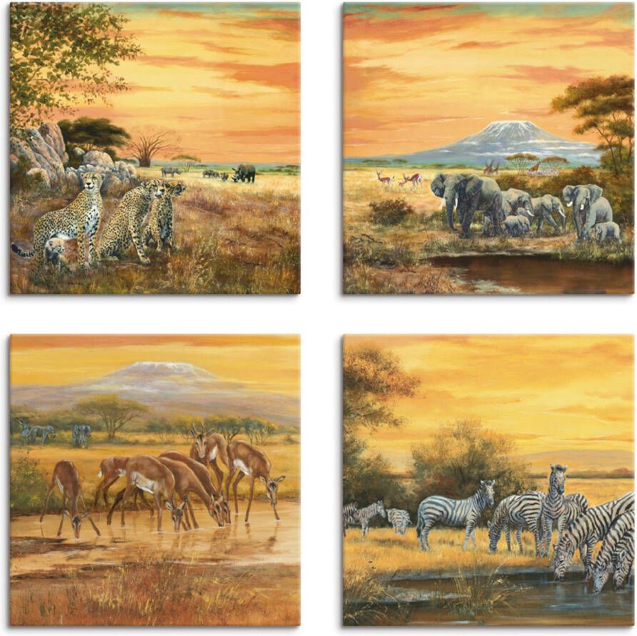 Artland Artprint op linnen Luipaarden olifanten zebra s op de steppe (4-delig)