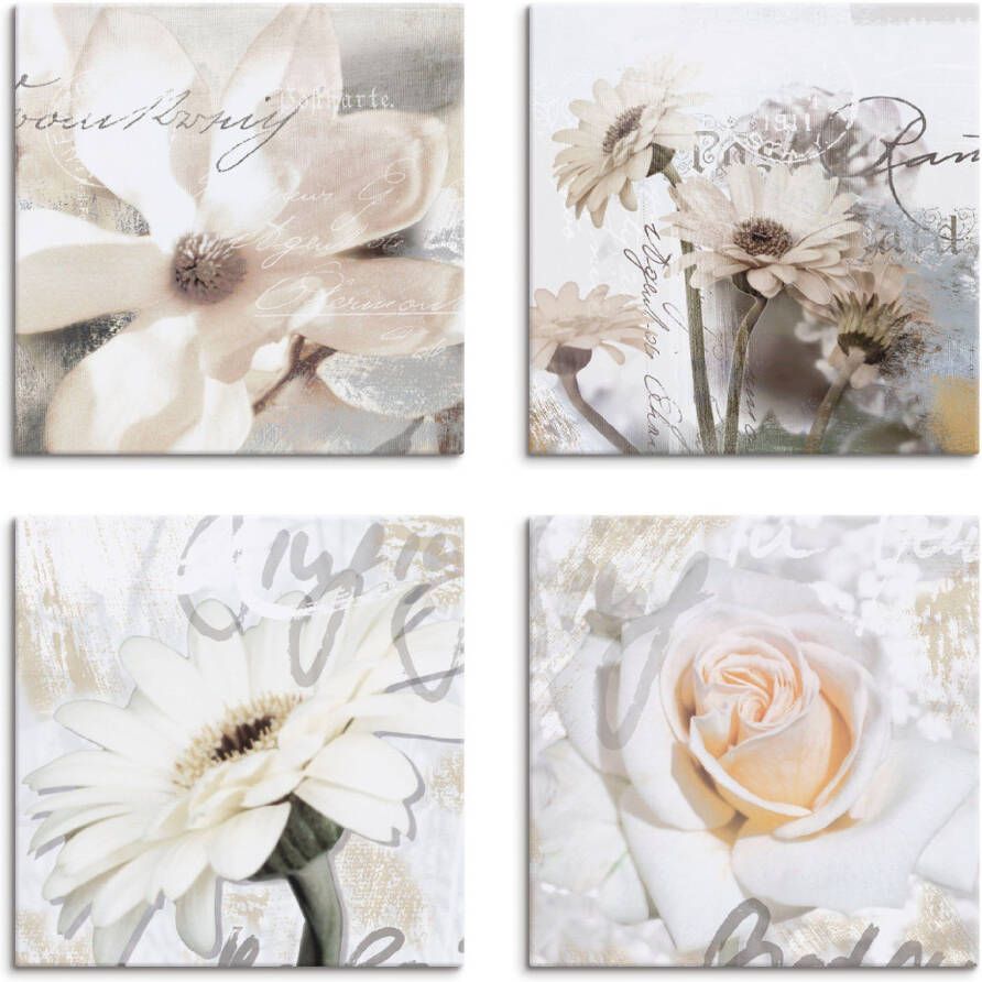 Artland Artprint op linnen Magnolia gerberas rozen in letters (4-delig)