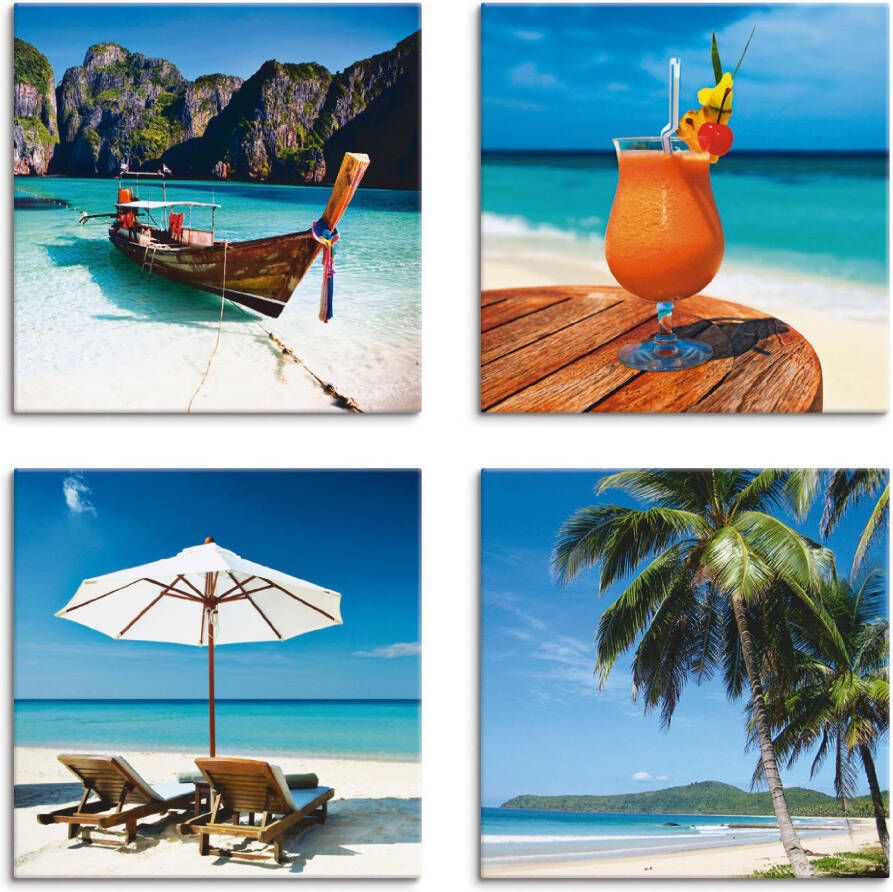 Artland Artprint op linnen Maya Bay fruitcocktail strand set van 4 verschillende maten (4-delig)