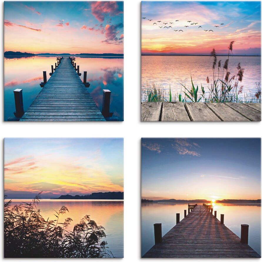 Artland Artprint op linnen Pier meer avondrood riet zonnestralen (4-delig)