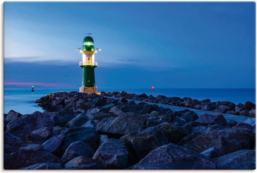 Artland Artprint op linnen Pier 's nachts in Warnemünde