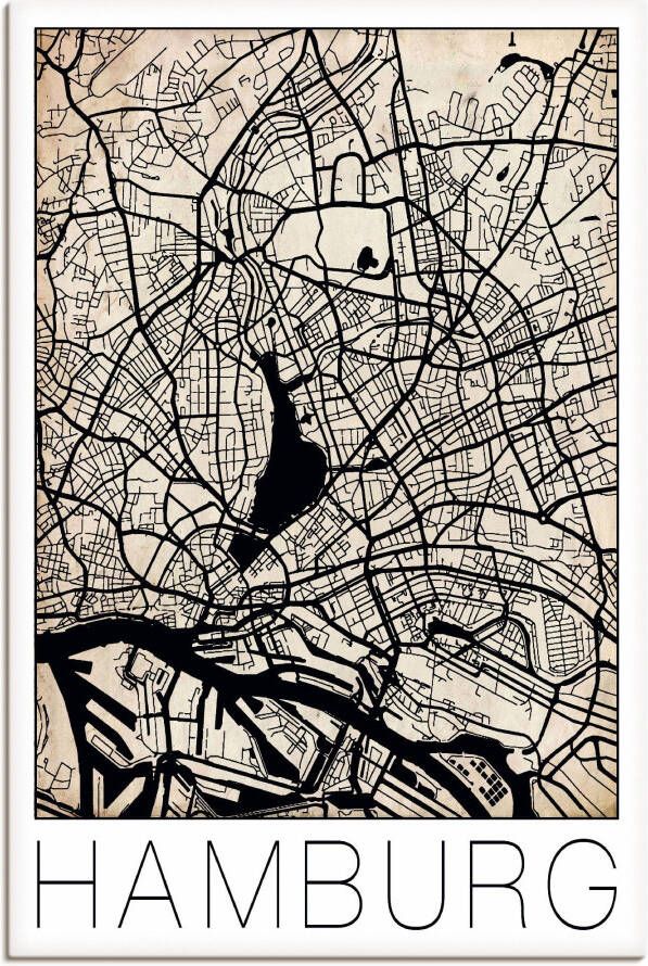 Artland Artprint op linnen Retro kaart Hamburg Duitsland Grunge