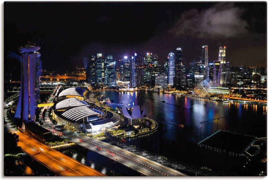 Artland Artprint op linnen Singapoer 's nachts gespannen op een spieraam