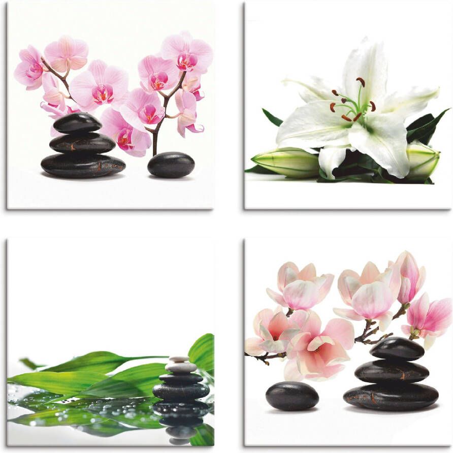 Artland Artprint op linnen Steen orchidee lelie spa bamboe magnolia (4 stuks)