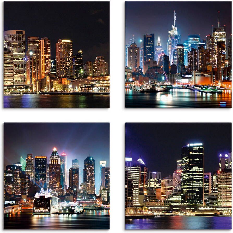 Artland Artprint op linnen Sydney haven en New York Times Square (4-delig)