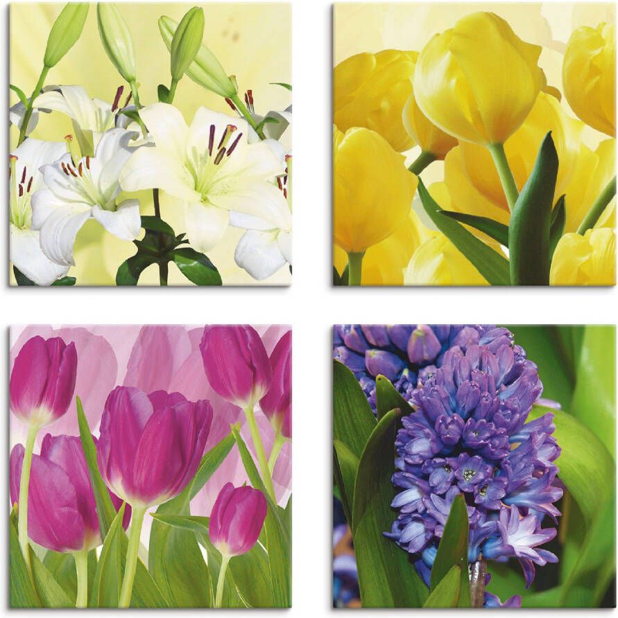 Artland Artprint op linnen Tulpen lelies hyacint set van 4 verschillende maten (4-delig)