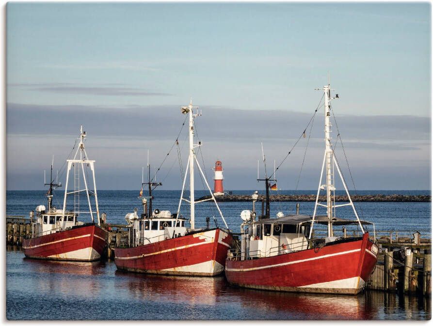 Artland Artprint op linnen Vissersboten en pier in Warnemünde