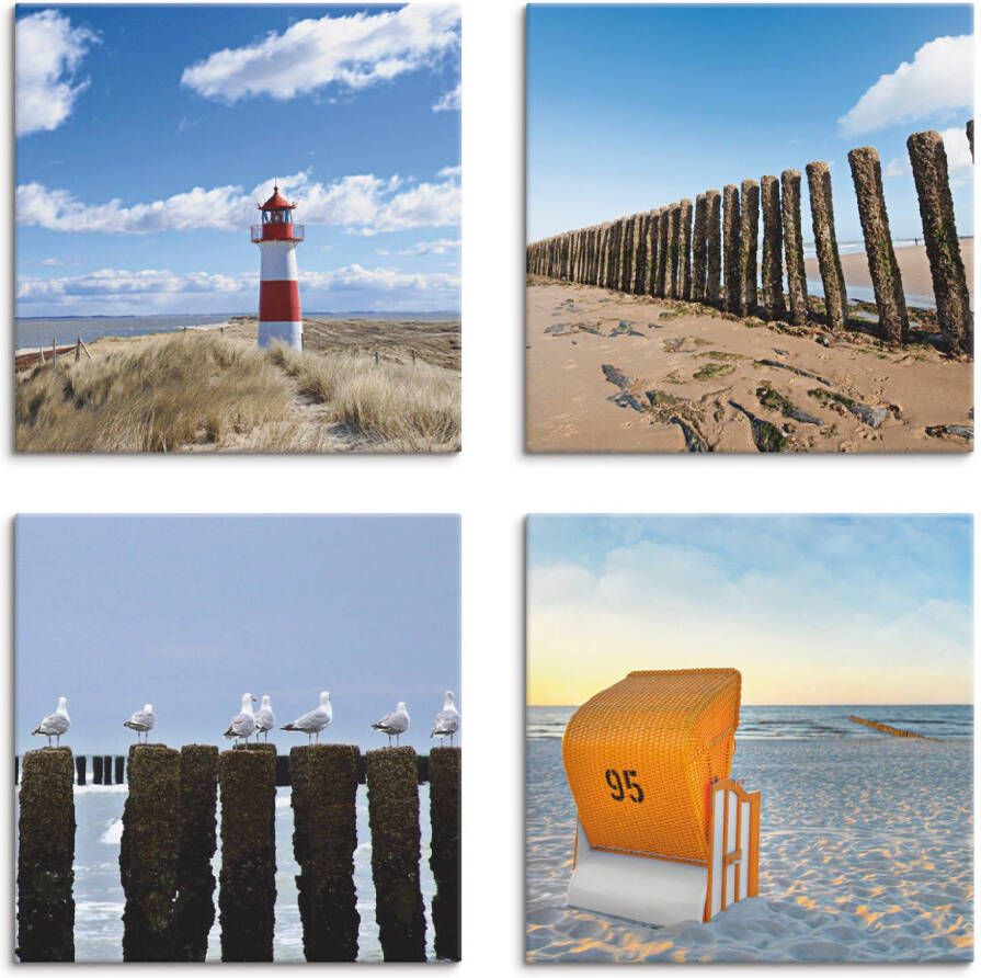 Artland Artprint op linnen Vuurtoren Sylt strand meeuwen strandstoel (4-delig)