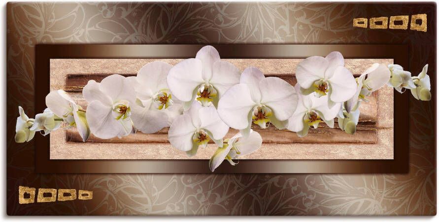 Artland Artprint op linnen Witte orchideeën met gouden vierkanten