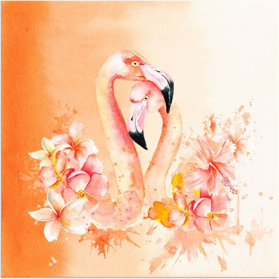 Artland Artprint Oranje flamingo In Love- illustratie als artprint op linnen poster in verschillende formaten maten - Foto 1
