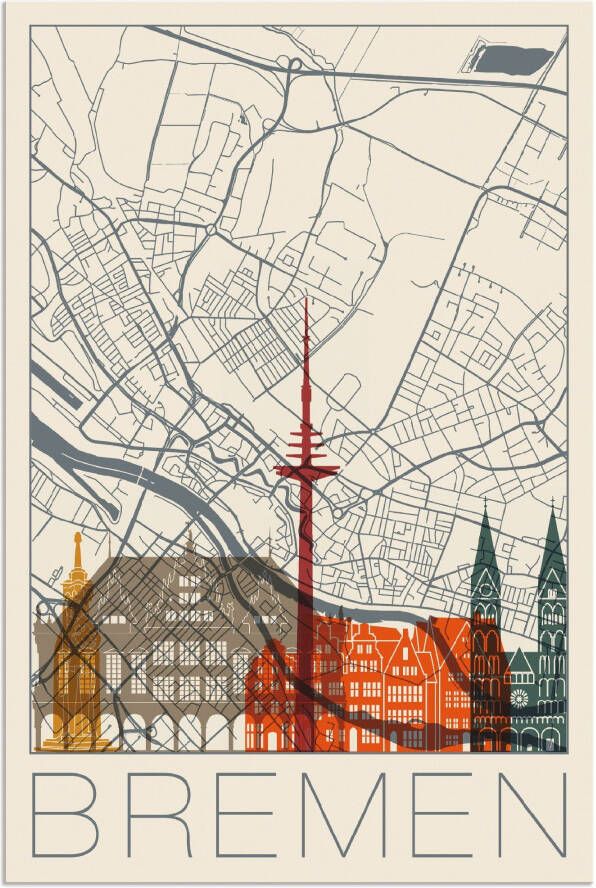 Artland Artprint Retro kaart Bremen als artprint van aluminium artprint voor buiten poster in diverse formaten - Foto 1