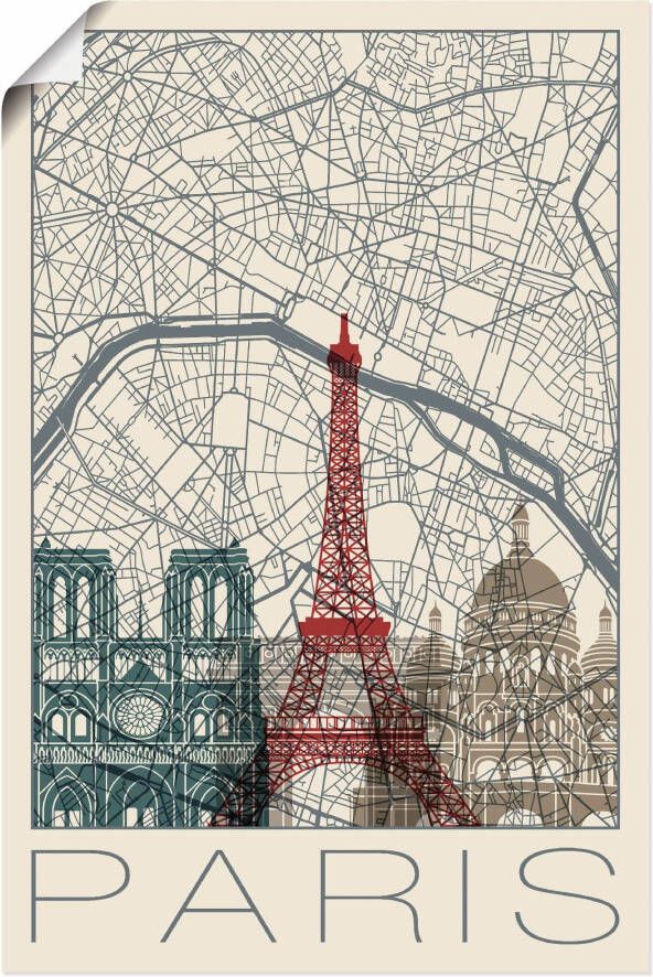 Artland Artprint Retro kaart Parijs Frankrijk en skyline als artprint van aluminium artprint voor buiten poster in diverse formaten