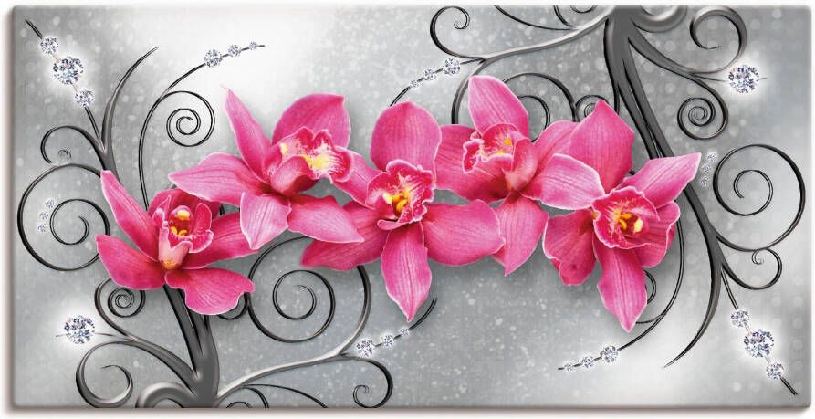 Artland Artprint Roze pioenrozen in glazen vaas Roze orchideeën op ornamenten als artprint van aluminium artprint voor buiten artprint op linnen poster muursticker - Foto 1