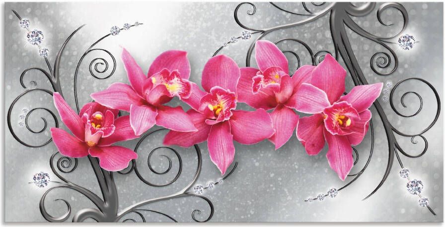 Artland Artprint Roze pioenrozen in glazen vaas Roze orchideeën op ornamenten als artprint van aluminium artprint voor buiten artprint op linnen poster muursticker