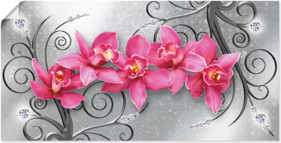 Artland Artprint Roze pioenrozen in glazen vaas Roze orchideeën op ornamenten als artprint van aluminium artprint voor buiten artprint op linnen poster muursticker