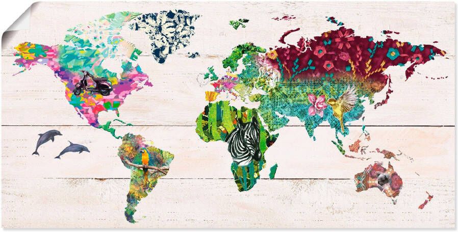 Artland Artprint Veelkleurige wereld op houten ondergrond als artprint op linnen poster in verschillende formaten maten