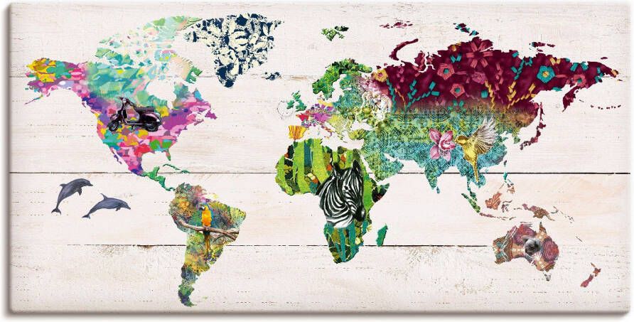 Artland Artprint Veelkleurige wereld op houten ondergrond als artprint op linnen poster in verschillende formaten maten