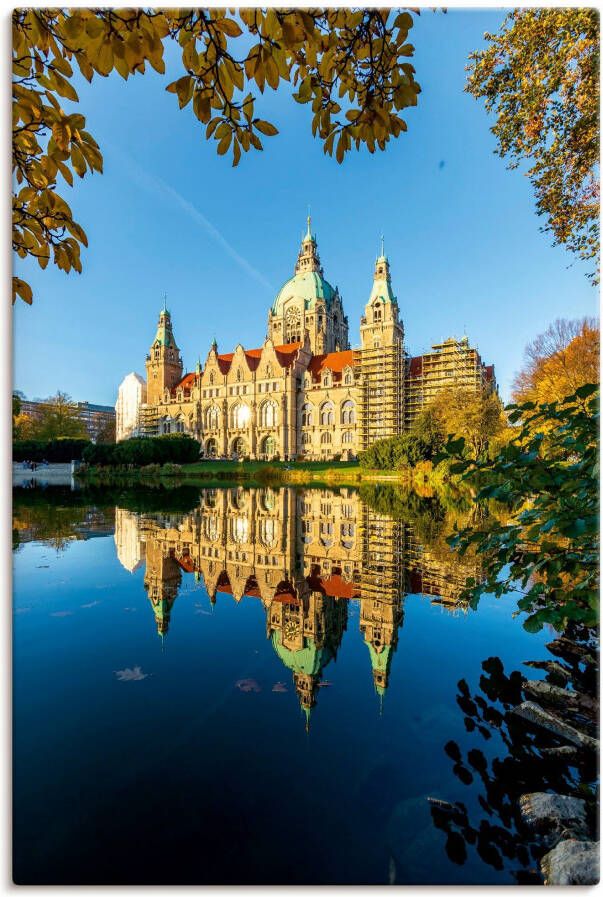 Artland Poster Weerspiegeling van het stadhuis in Hannover als artprint van aluminium artprint op linnen muursticker of poster in verschillende maten - Foto 1