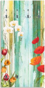 Artland Kapstok Veelkleurige bloemen ruimtebesparende kapstok van hout met 6 haken geschikt voor kleine smalle hal halkapstok