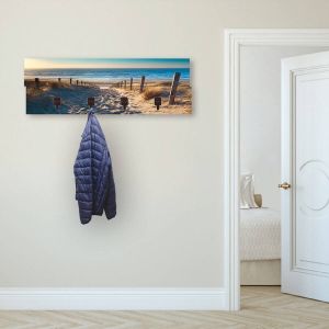 Artland Kapstok Weg naar het Noordzeestrand zonsondergang ruimtebesparende kapstok van hout met 4 haken geschikt voor kleine smalle hal halkapstok