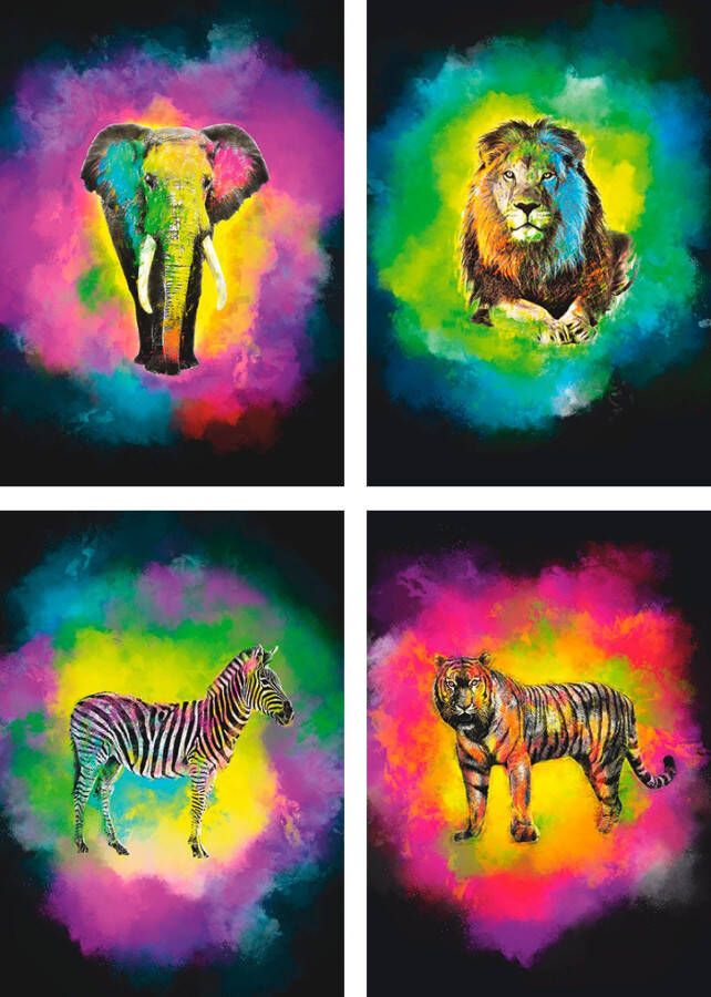 Artland Poster Kleurexplosie olifant leeuw zebra tijger (4 stuks)