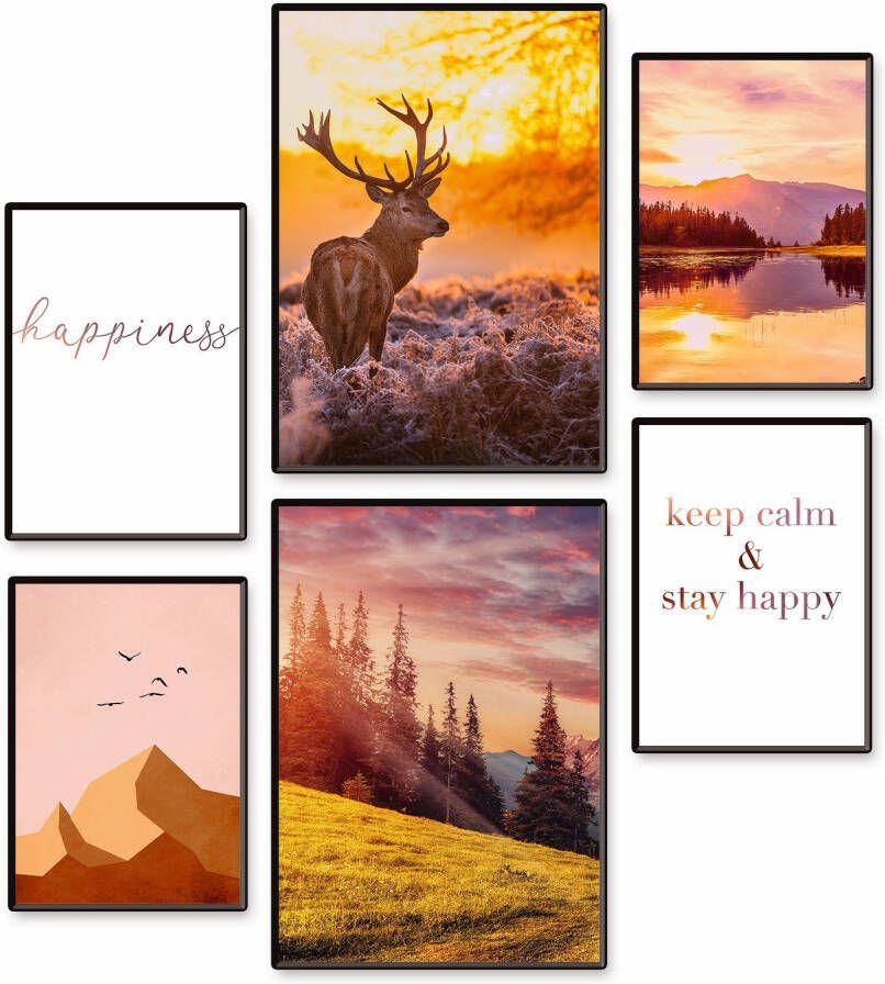 Artland Poster Natuur bij zonsondergang 6-pack 2xdin a3 4xdin a4 zonder lijst (set 6 stuks)