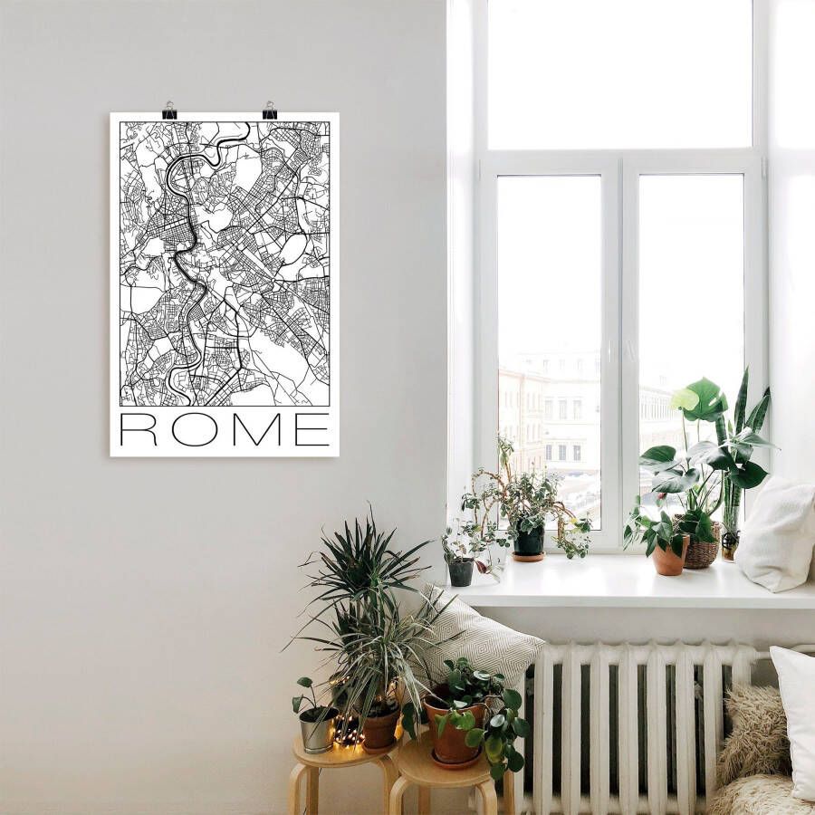 Artland Poster Retro kaart Rome Italië zwart & wit als artprint van aluminium artprint op linnen muursticker of poster in verschillende maten
