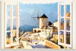 Artland Print op glas Blik door het raam op Santorin in verschillende maten