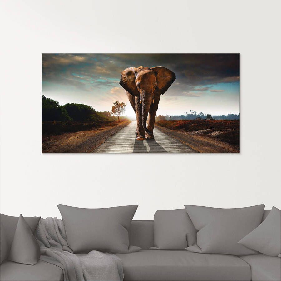 Artland Print op glas Een olifant loopt op de weg