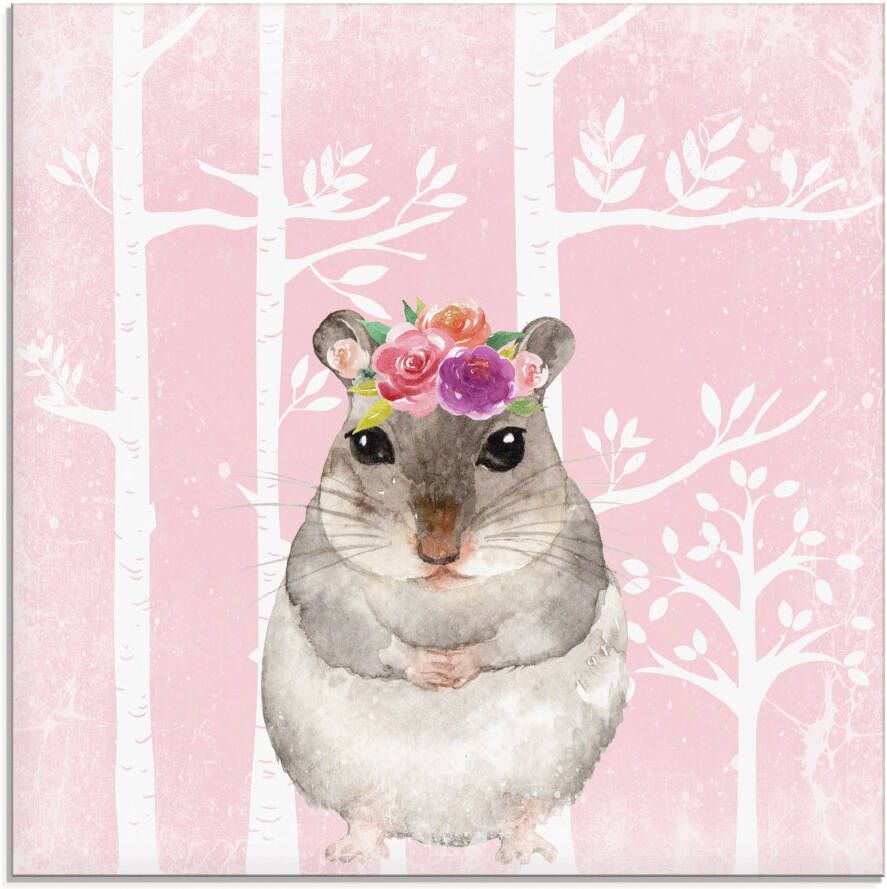 Artland Print op glas Hamster met bloemen in pink bos