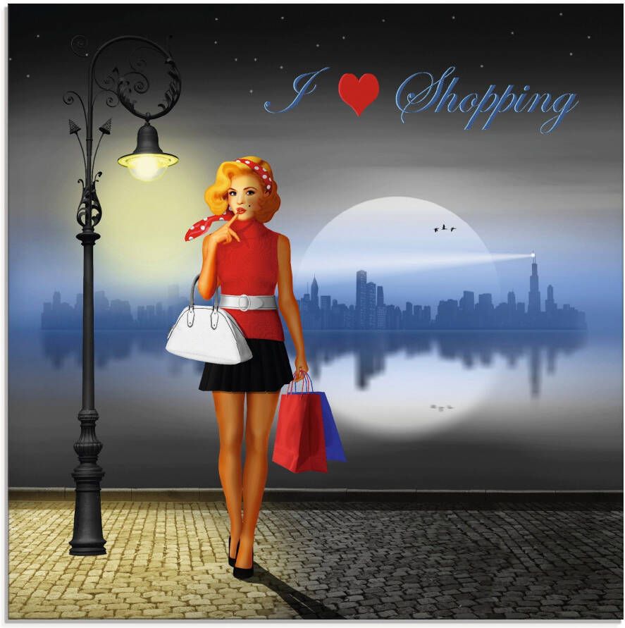 Artland Print op glas Ik hou van shoppen in verschillende maten