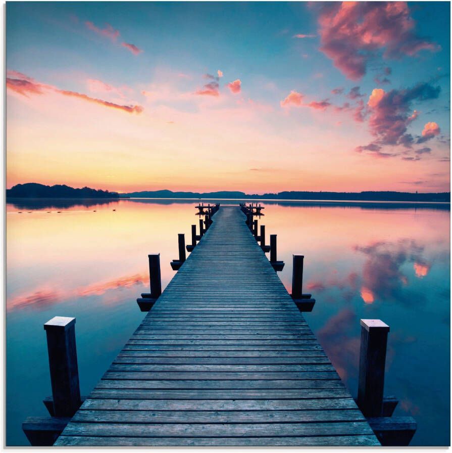 Artland Print op glas Lange pier aan het meer in zonsopkomst