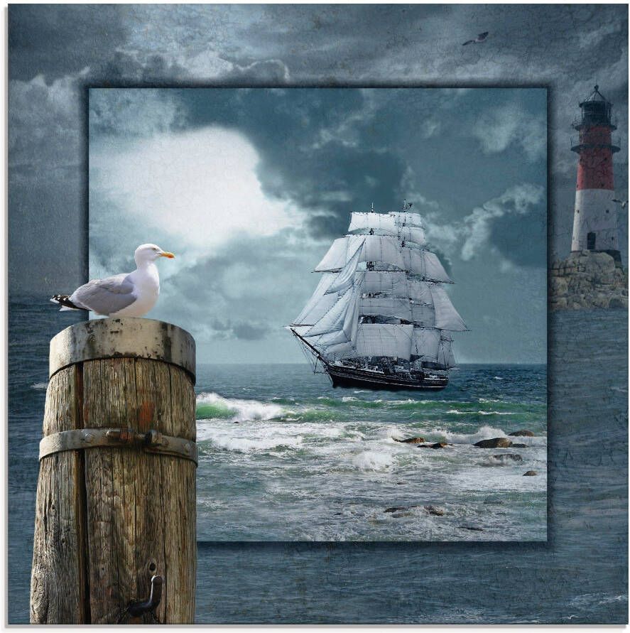 Artland Print op glas Maritieme collage met zeilschip