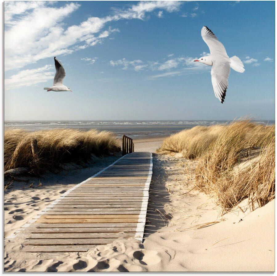 Artland Print op glas Noordzeestrand op Langeoog met meeuwen