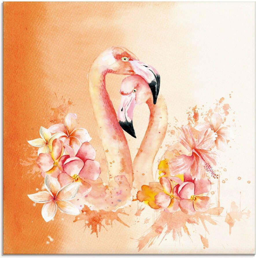 Artland Print op glas Oranje flamingo In Love- illustratie