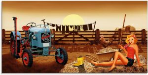 Artland Print op glas Pin-upgirl met tractor op boerderij in verschillende maten