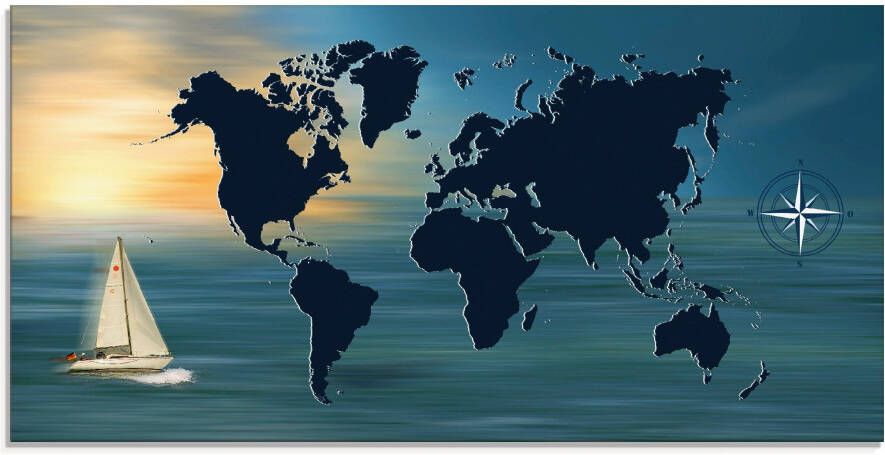Artland Print op glas Reis om de wereld met wereldkaart