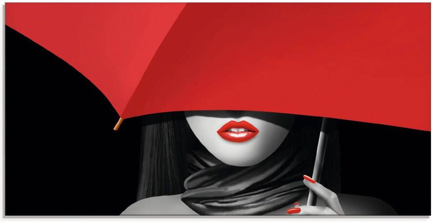 Artland Print op glas Rode lippen onder de paraplu