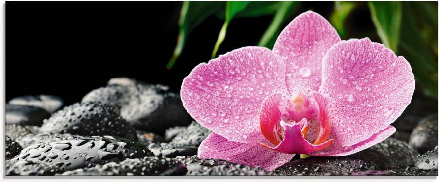 Artland Print op glas Roze orchidee op zwarte zen stenen