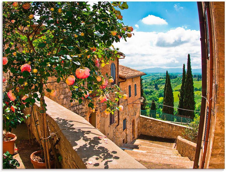 Artland Print op glas Rozen op balkon Toscaans landschap
