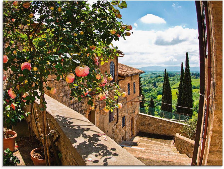 Artland Print op glas Rozen op balkon Toscaans landschap